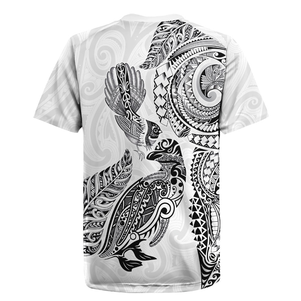 Aotearoa Moko Tribal Tattoo Rugby Jersey New Zealand Maori Penguin and Fantail White Color LT03 - Polynesian Pride