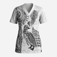 Aotearoa Moko Tribal Tattoo Scrub Top New Zealand Maori Penguin and Fantail White Color