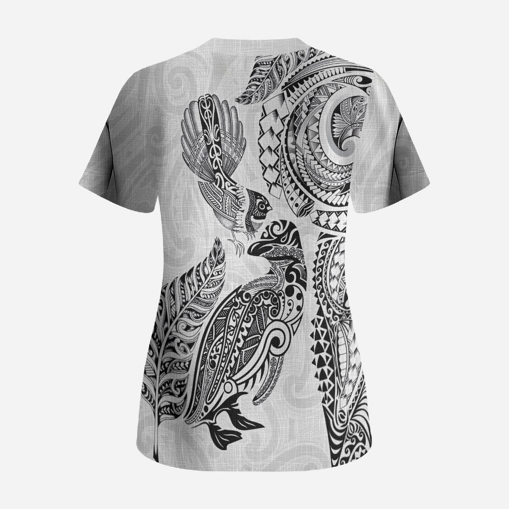 Aotearoa Moko Tribal Tattoo Scrub Top New Zealand Maori Penguin and Fantail White Color