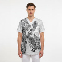 Aotearoa Moko Tribal Tattoo Scrub Top New Zealand Maori Penguin and Fantail White Color