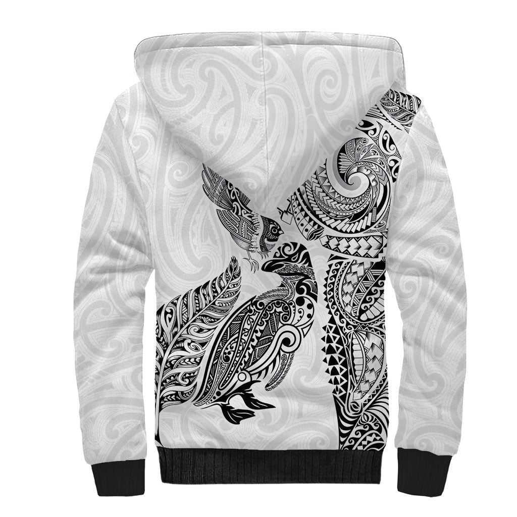 Aotearoa Moko Tribal Tattoo Sherpa Hoodie New Zealand Maori Penguin and Fantail White Color LT03 - Polynesian Pride