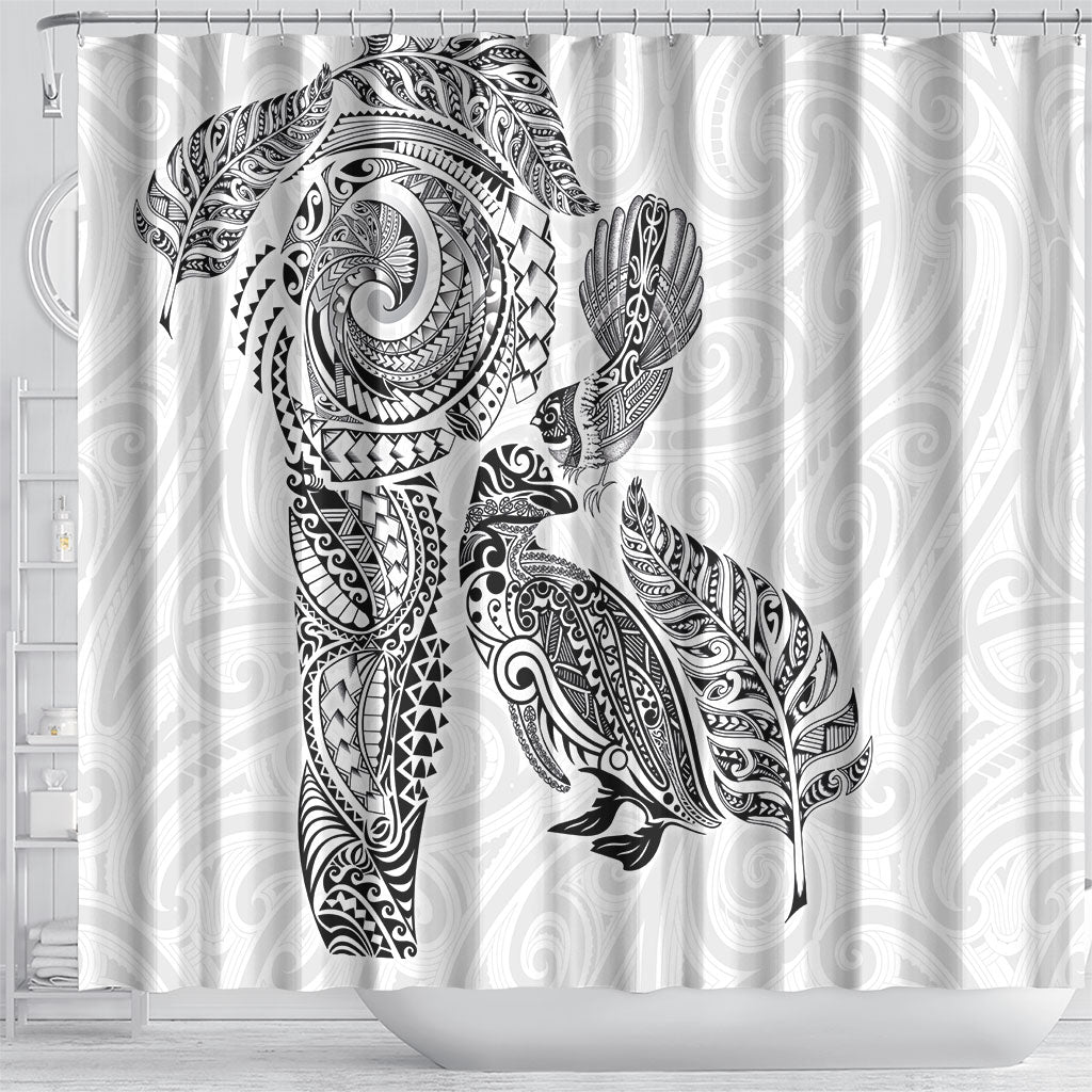 Aotearoa Moko Tribal Tattoo Shower Curtain New Zealand Maori Penguin and Fantail White Color LT03 - Polynesian Pride