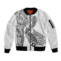 Aotearoa Moko Tribal Tattoo Sleeve Zip Bomber Jacket New Zealand Maori Penguin and Fantail White Color