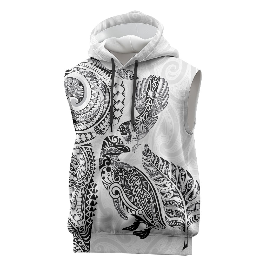 Aotearoa Moko Tribal Tattoo Sleeveless Hoodie New Zealand Maori Penguin and Fantail White Color LT03 White - Polynesian Pride