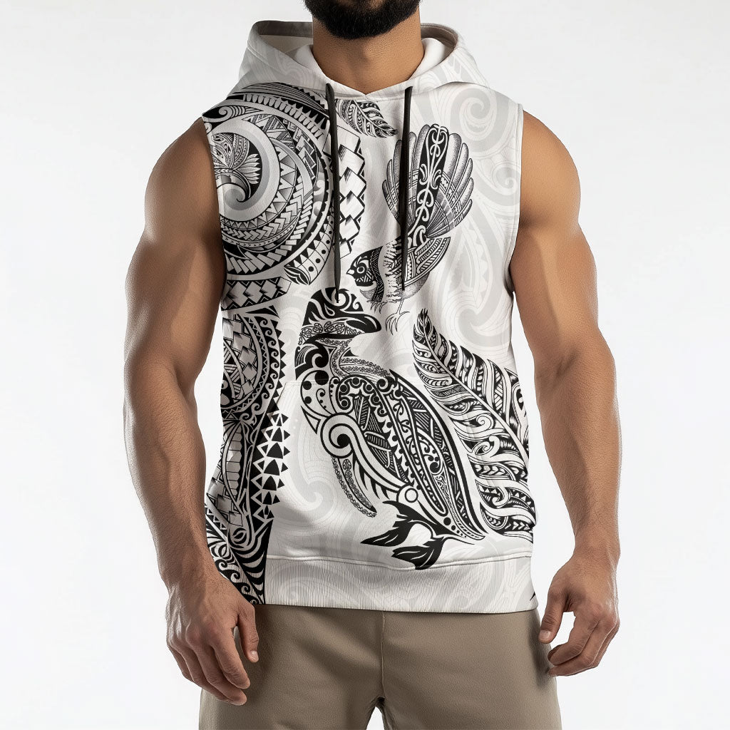 Aotearoa Moko Tribal Tattoo Sleeveless Hoodie New Zealand Maori Penguin and Fantail White Color LT03 - Polynesian Pride