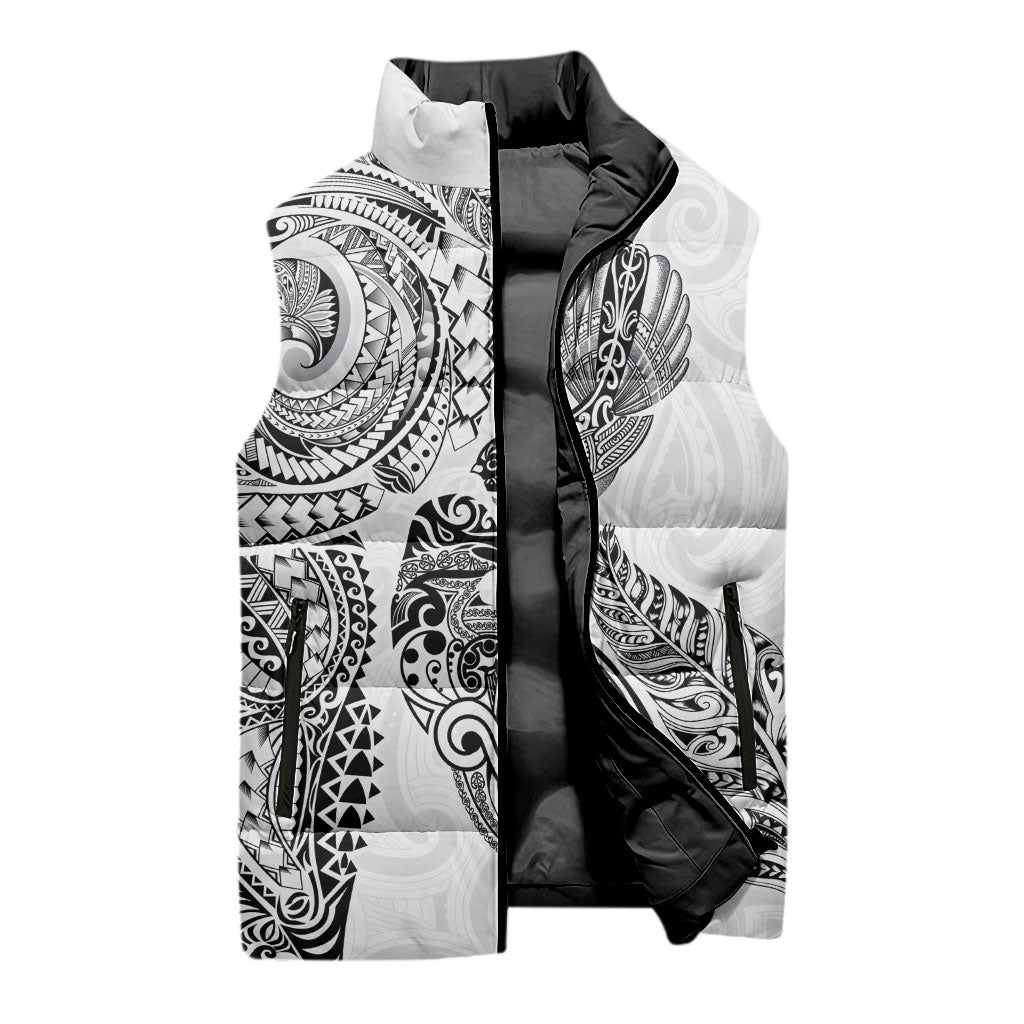 Aotearoa Moko Tribal Tattoo Sleeveless Puffer Jacket New Zealand Maori Penguin and Fantail White Color