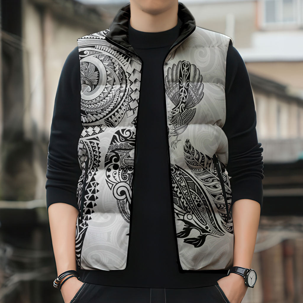 Aotearoa Moko Tribal Tattoo Sleeveless Puffer Jacket New Zealand Maori Penguin and Fantail White Color