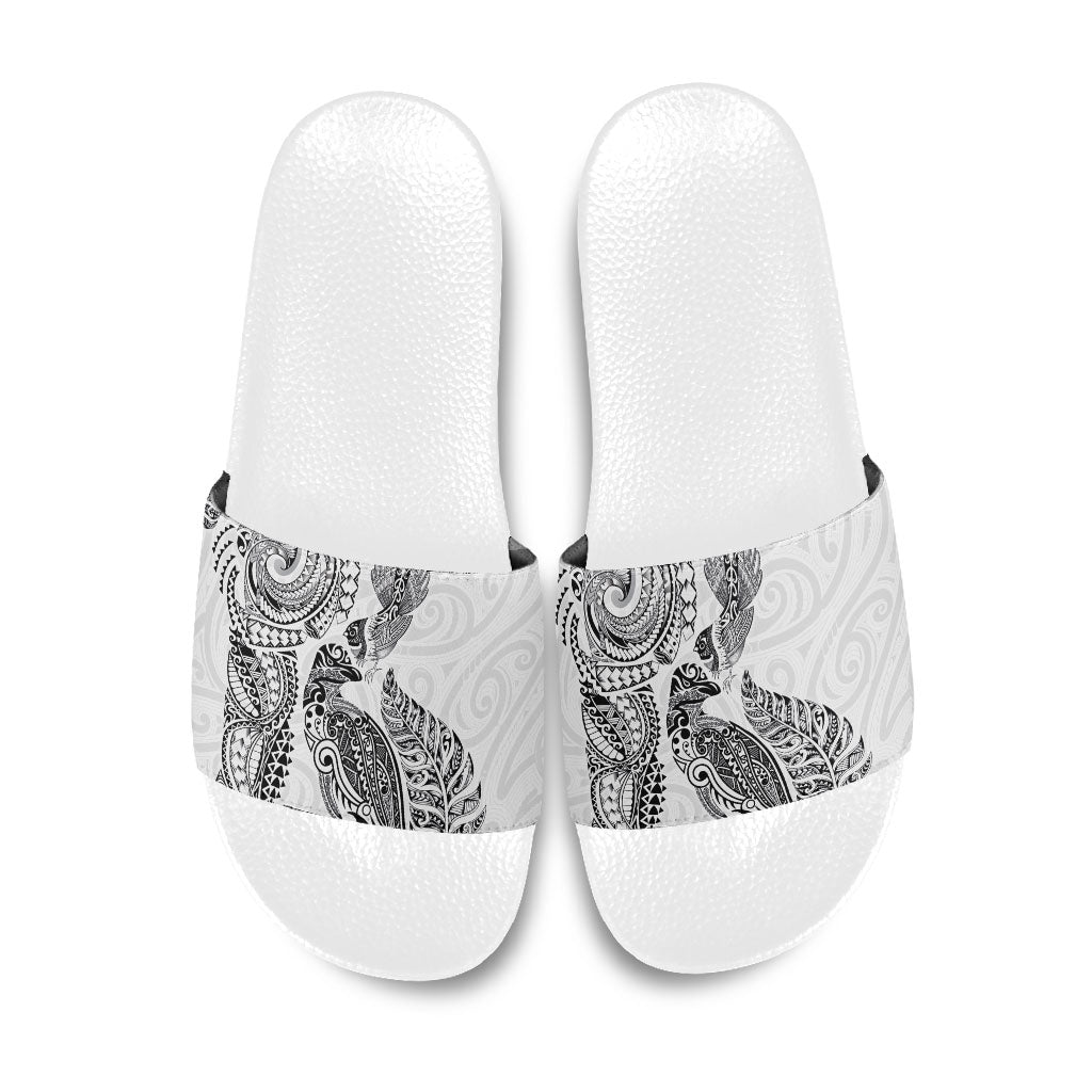 Aotearoa Moko Tribal Tattoo Slide Sandals New Zealand Maori Penguin and Fantail White Color LT03 White - Polynesian Pride
