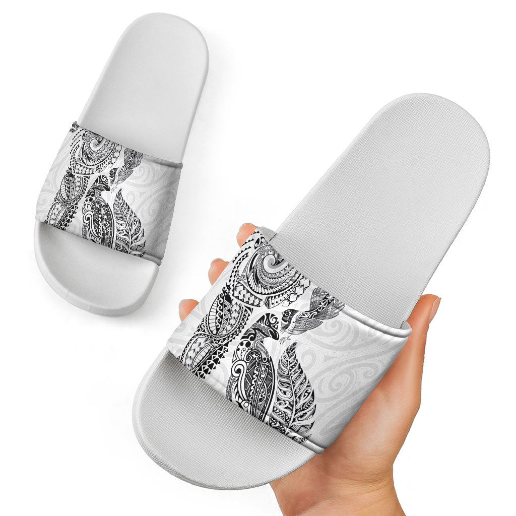 Aotearoa Moko Tribal Tattoo Slide Sandals New Zealand Maori Penguin and Fantail White Color LT03 - Polynesian Pride
