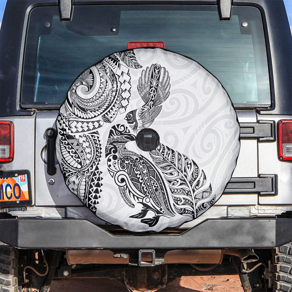 Aotearoa Moko Tribal Tattoo Spare Tire Cover New Zealand Maori Penguin and Fantail White Color LT03 White - Polynesian Pride