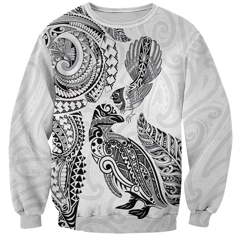 Aotearoa Moko Tribal Tattoo Sweatshirt New Zealand Maori Penguin and Fantail White Color