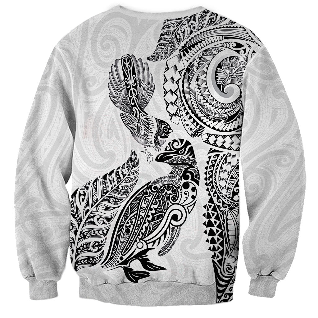 Aotearoa Moko Tribal Tattoo Sweatshirt New Zealand Maori Penguin and Fantail White Color