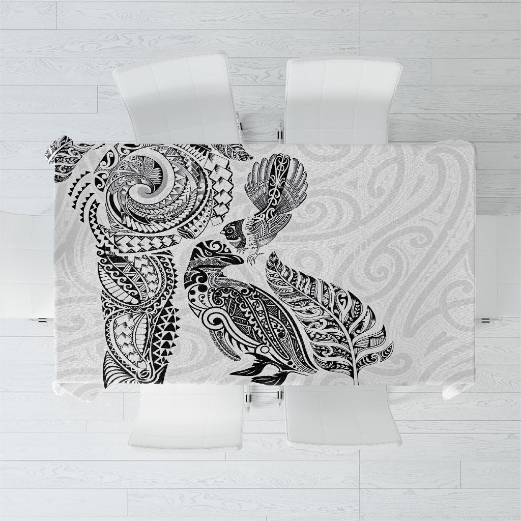 Aotearoa Moko Tribal Tattoo Tablecloth New Zealand Maori Penguin and Fantail White Color