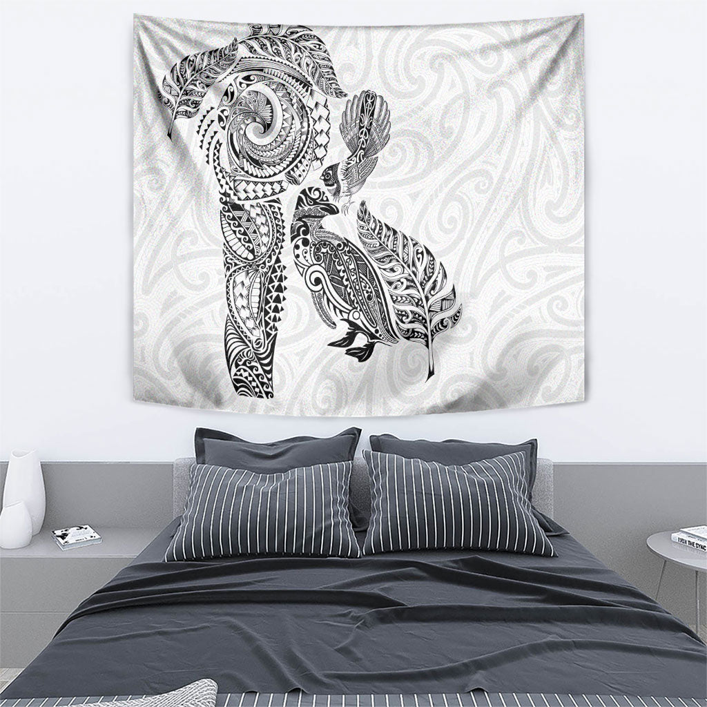 Aotearoa Moko Tribal Tattoo Tapestry New Zealand Maori Penguin and Fantail White Color