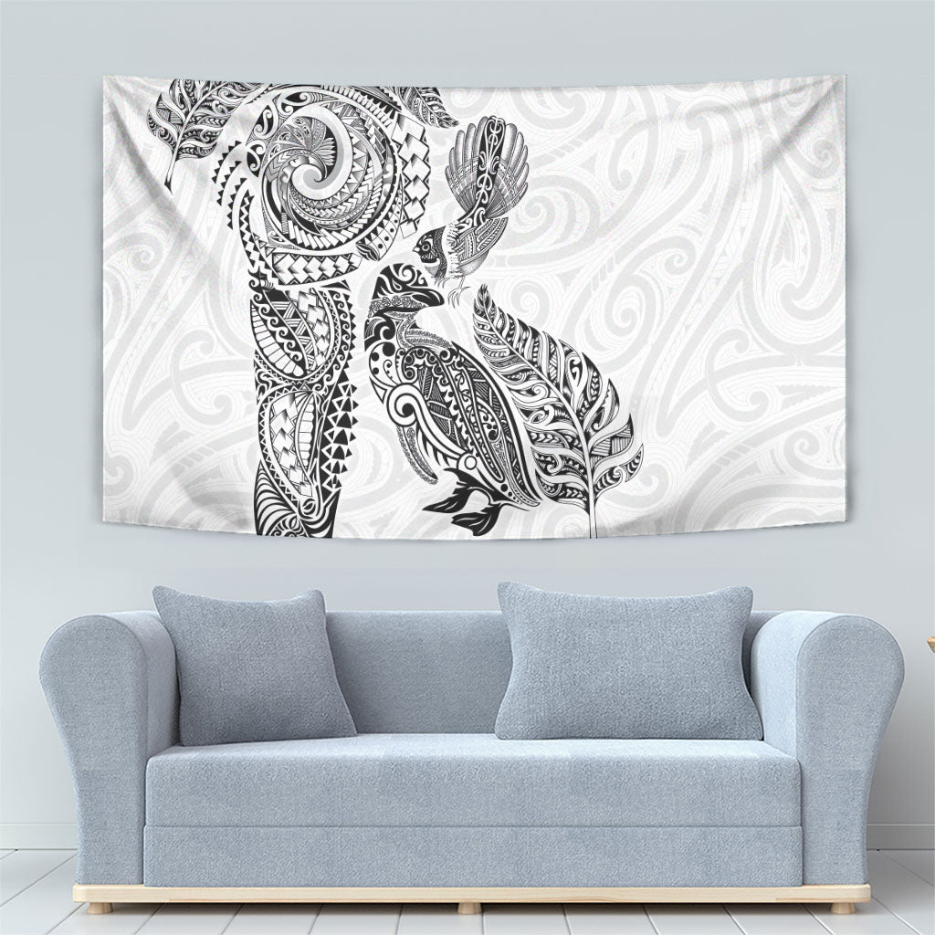 Aotearoa Moko Tribal Tattoo Tapestry New Zealand Maori Penguin and Fantail White Color