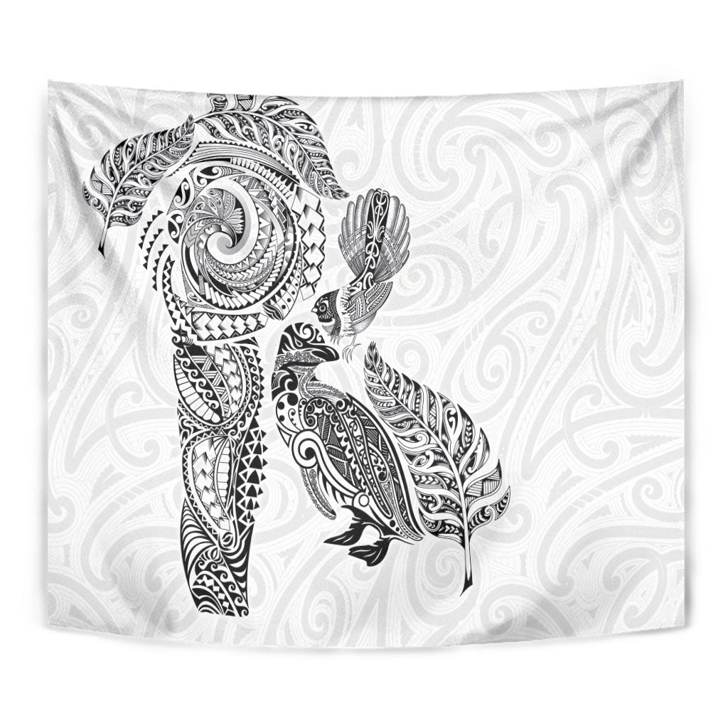 Aotearoa Moko Tribal Tattoo Tapestry New Zealand Maori Penguin and Fantail White Color