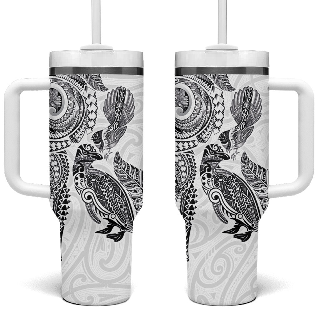 Aotearoa Moko Tribal Tattoo Tumbler With Handle New Zealand Maori Penguin and Fantail White Color LT03 One Size: 40 oz White - Polynesian Pride