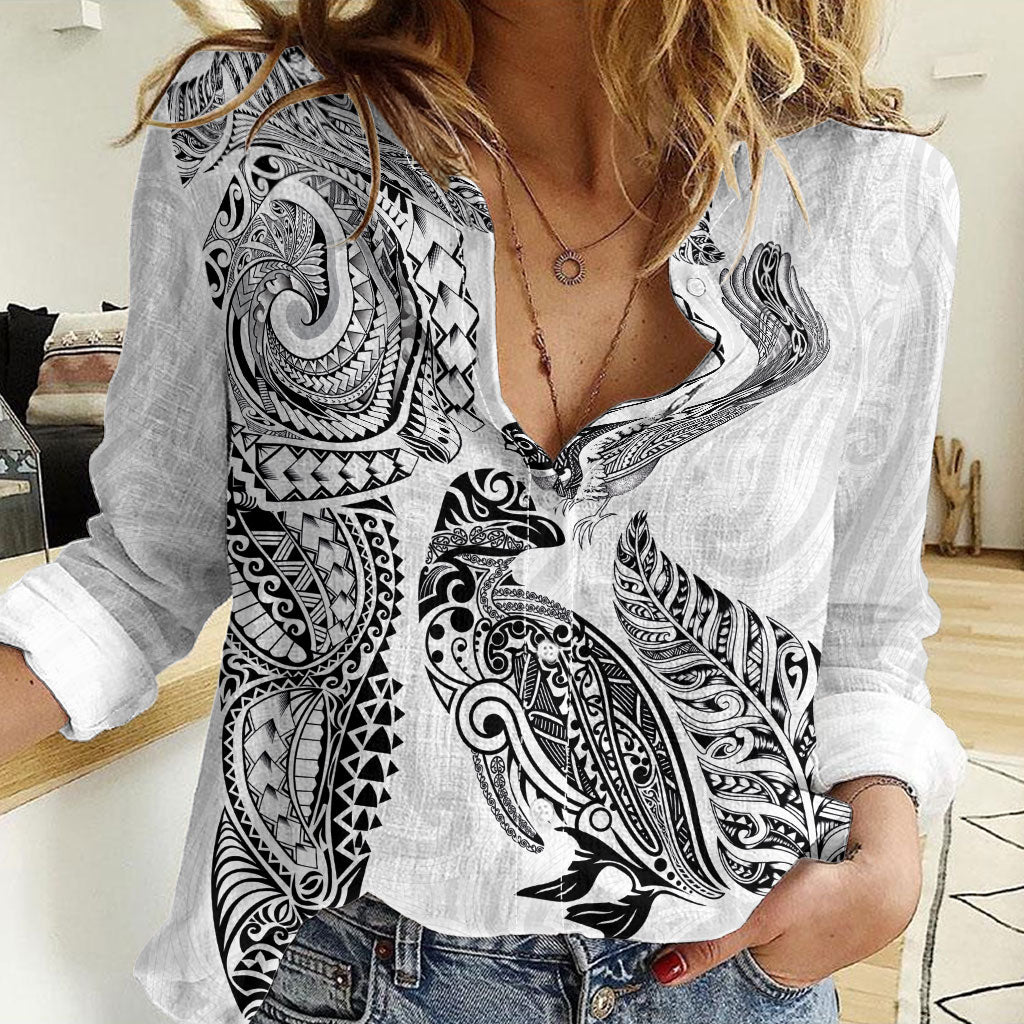 Aotearoa Moko Tribal Tattoo Women Casual Shirt New Zealand Maori Penguin and Fantail White Color LT03 Female White - Polynesian Pride