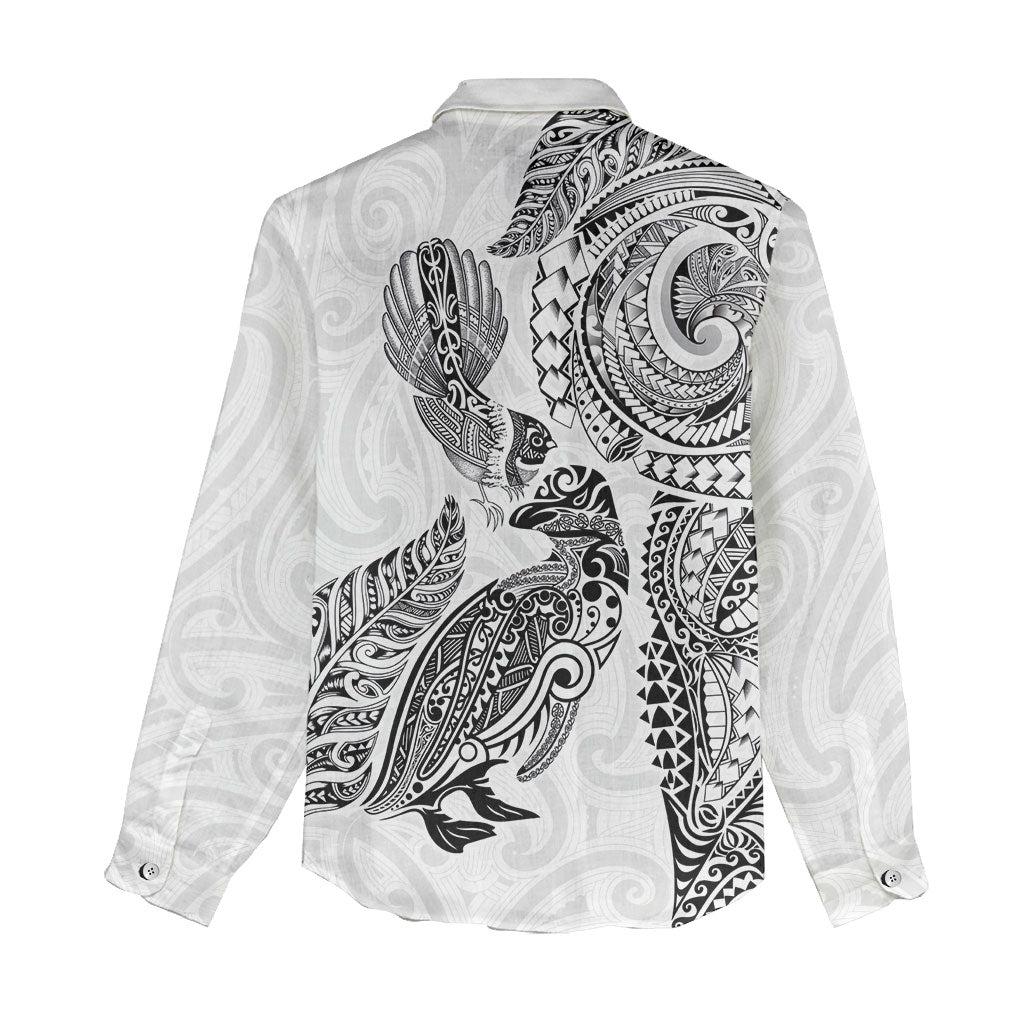 Aotearoa Moko Tribal Tattoo Women Casual Shirt New Zealand Maori Penguin and Fantail White Color LT03 - Polynesian Pride