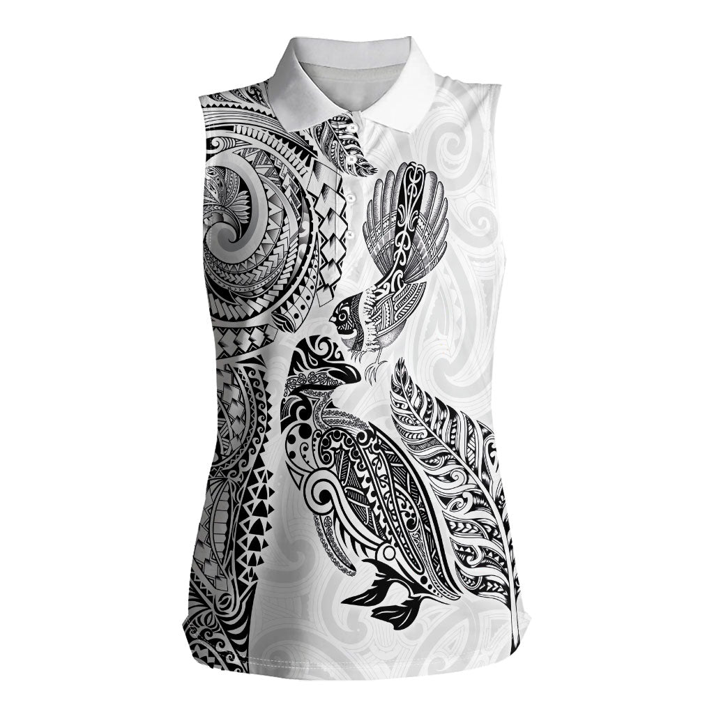 Aotearoa Moko Tribal Tattoo Women Sleeveless Polo Shirt New Zealand Maori Penguin and Fantail White Color
