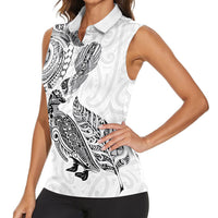 Aotearoa Moko Tribal Tattoo Women Sleeveless Polo Shirt New Zealand Maori Penguin and Fantail White Color LT03 - Polynesian Pride