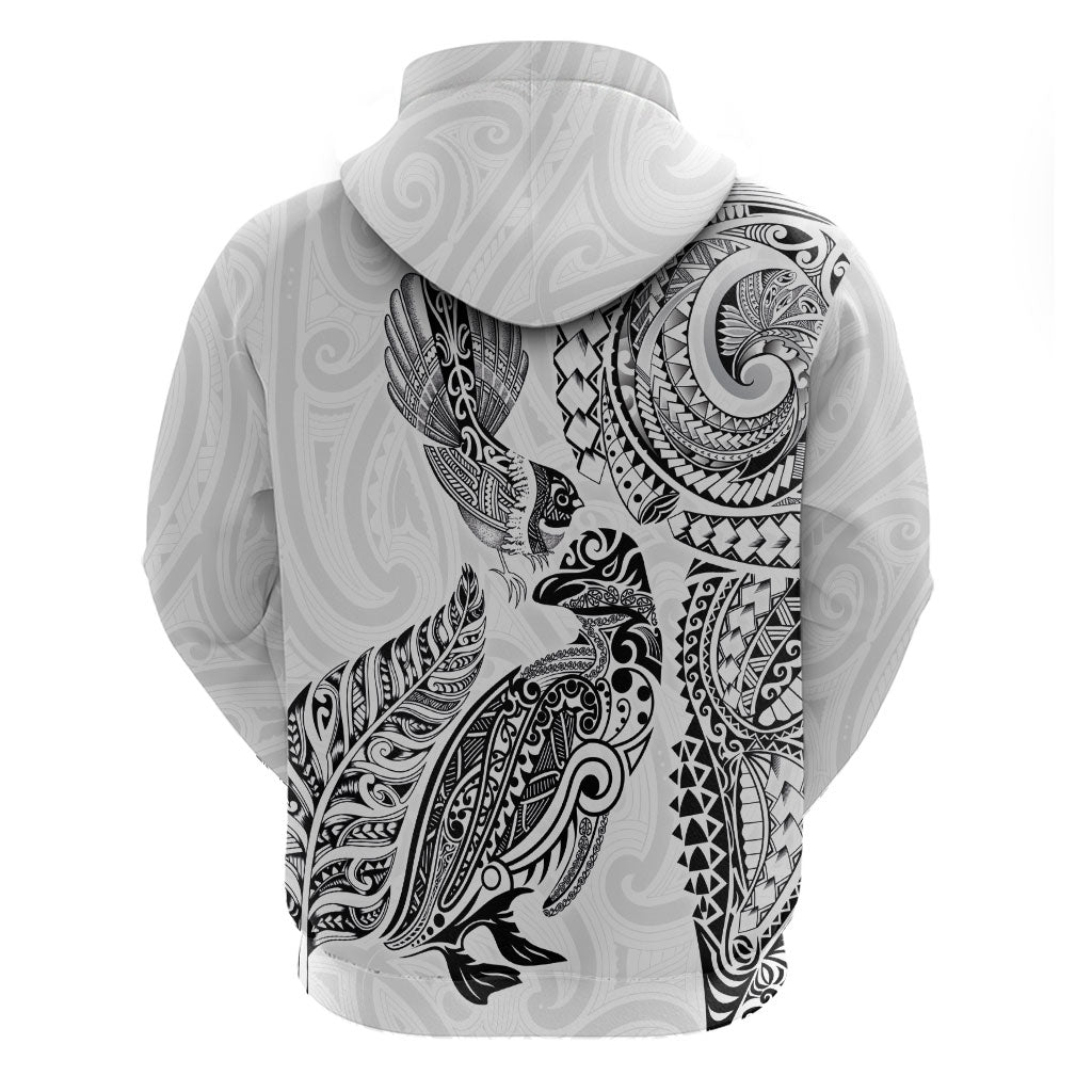Aotearoa Moko Tribal Tattoo Zip Hoodie New Zealand Maori Penguin and Fantail White Color LT03 - Polynesian Pride