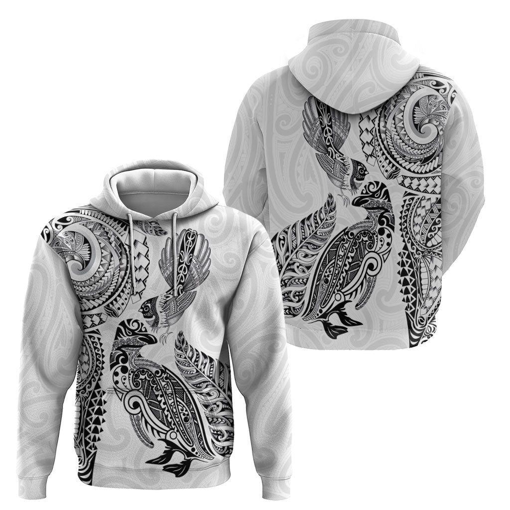 Aotearoa Moko Tribal Tattoo Zip Hoodie New Zealand Maori Penguin and Fantail White Color LT03 - Polynesian Pride