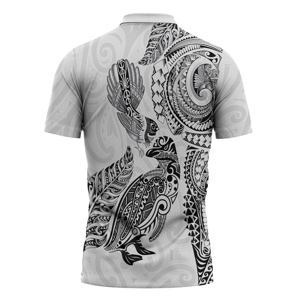 Aotearoa Moko Tribal Tattoo Zipper Polo Shirt New Zealand Maori Penguin and Fantail White Color LT03 - Polynesian Pride