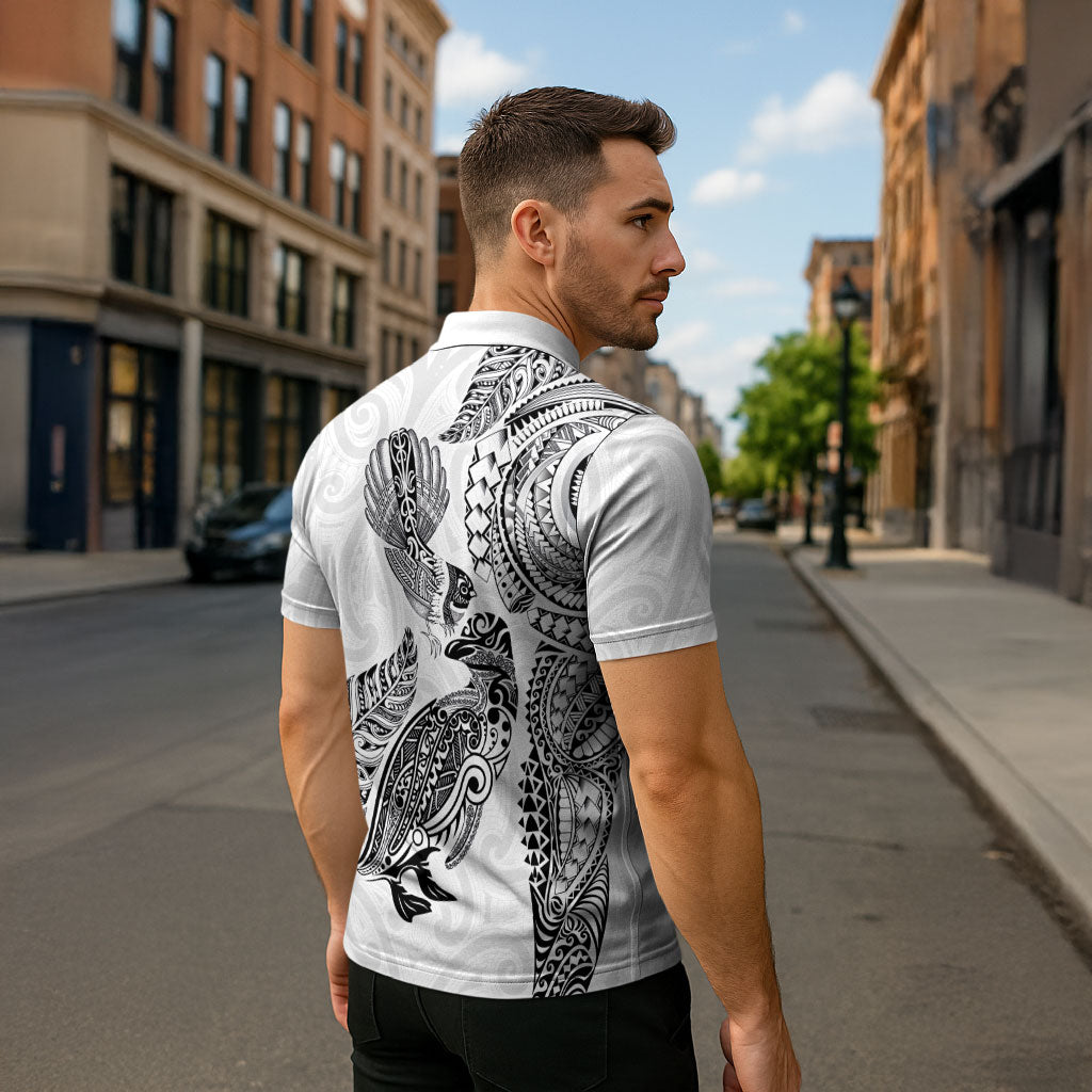 Aotearoa Moko Tribal Tattoo Zipper Polo Shirt New Zealand Maori Penguin and Fantail White Color LT03 - Polynesian Pride