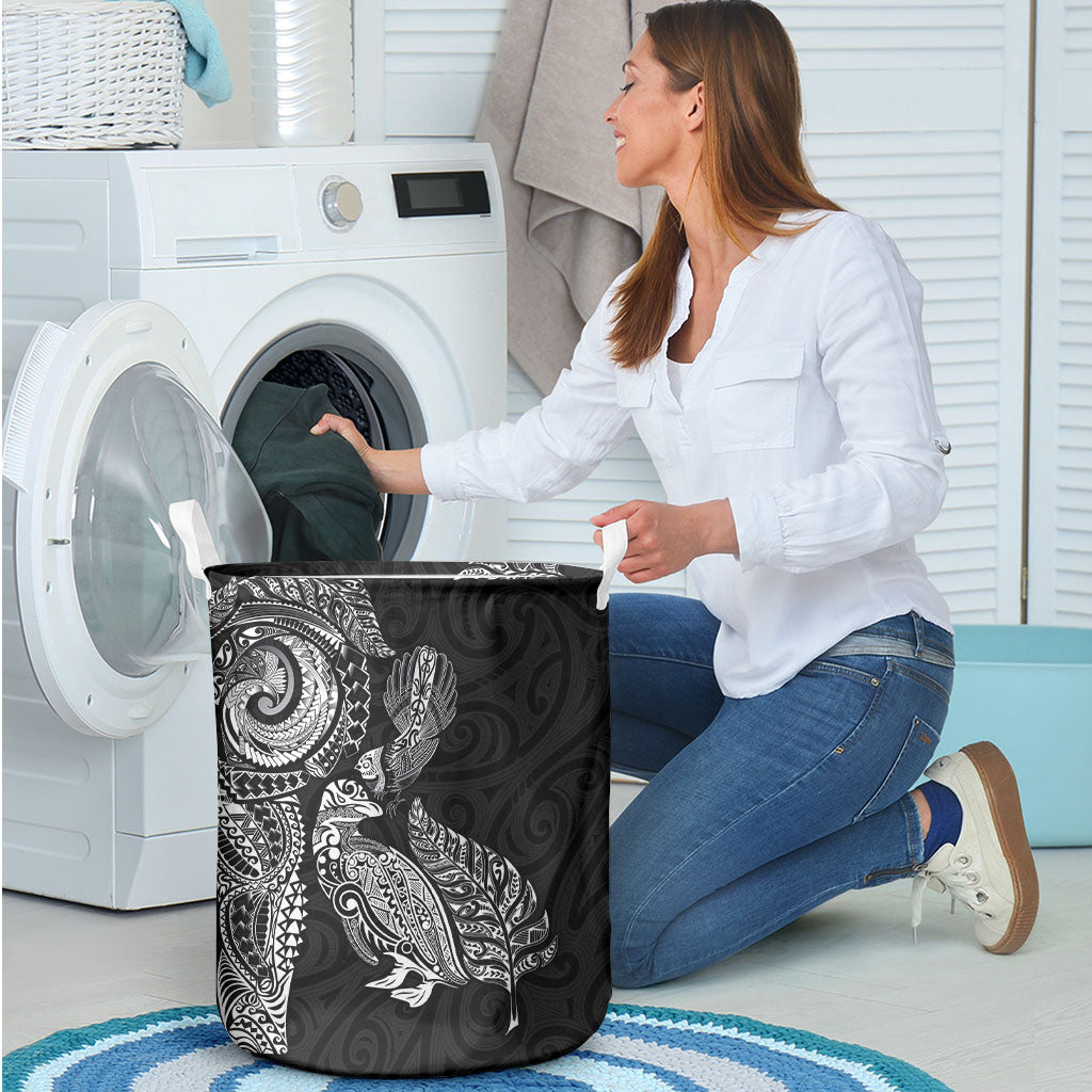 Aotearoa Moko Tribal Tattoo Laundry Basket New Zealand Maori Penguin and Fantail Black Color LT03 - Polynesian Pride