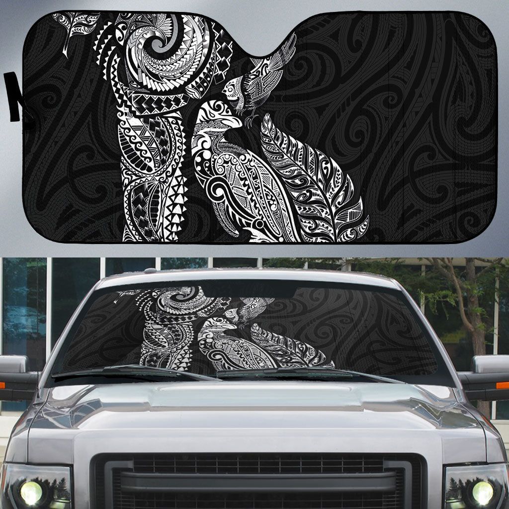 Aotearoa Moko Tribal Tattoo Auto Sun Shade New Zealand Maori Penguin and Fantail Black Color LT03 Black - Polynesian Pride