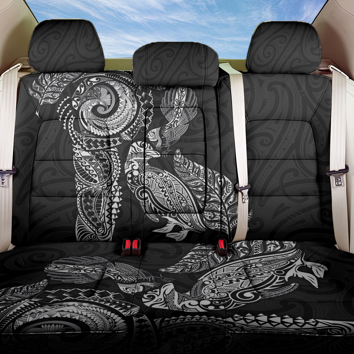 Aotearoa Moko Tribal Tattoo Back Car Seat Cover New Zealand Maori Penguin and Fantail Black Color LT03 One Size Black - Polynesian Pride