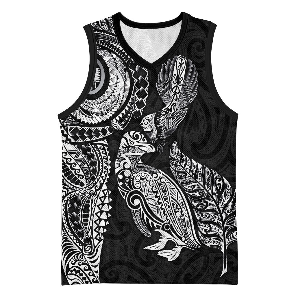 Aotearoa Moko Tribal Tattoo Basketball Jersey New Zealand Maori Penguin and Fantail Black Color LT03 Unisex Black - Polynesian Pride