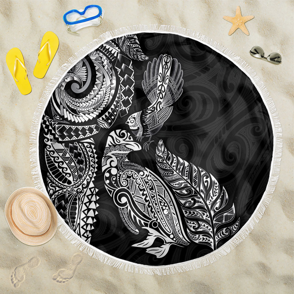 Aotearoa Moko Tribal Tattoo Beach Blanket New Zealand Maori Penguin and Fantail Black Color