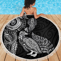 Aotearoa Moko Tribal Tattoo Beach Blanket New Zealand Maori Penguin and Fantail Black Color