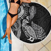 Aotearoa Moko Tribal Tattoo Beach Blanket New Zealand Maori Penguin and Fantail Black Color