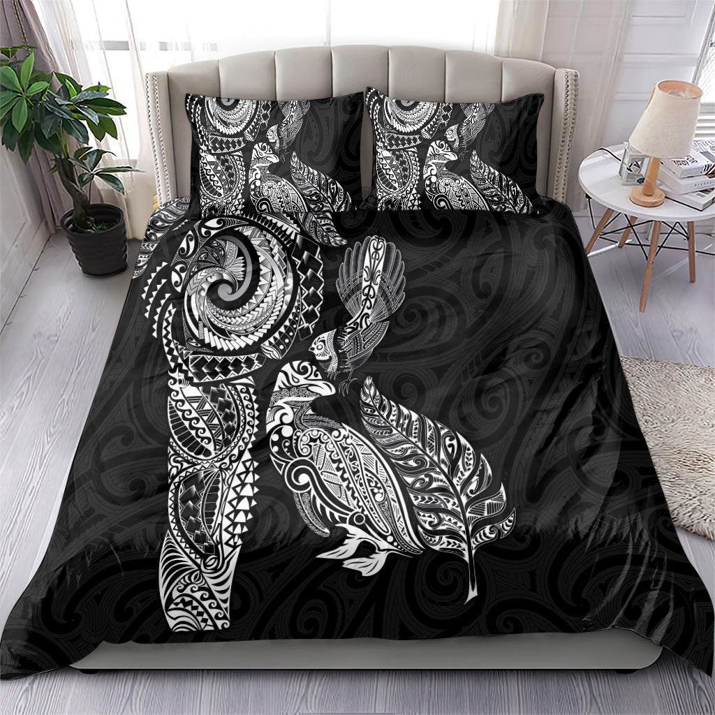 Aotearoa Moko Tribal Tattoo Bedding Set New Zealand Maori Penguin and Fantail Black Color