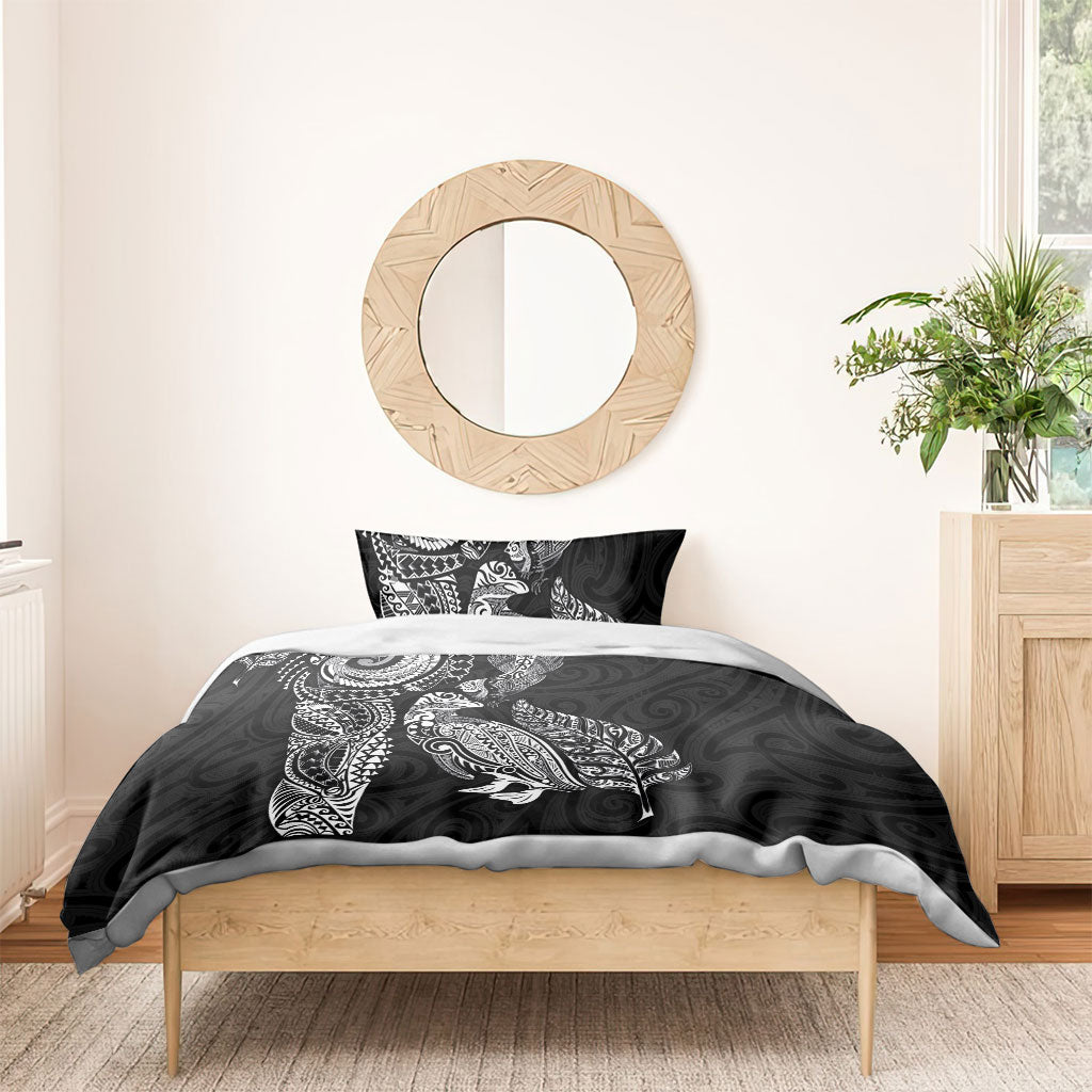 Aotearoa Moko Tribal Tattoo Bedding Set New Zealand Maori Penguin and Fantail Black Color