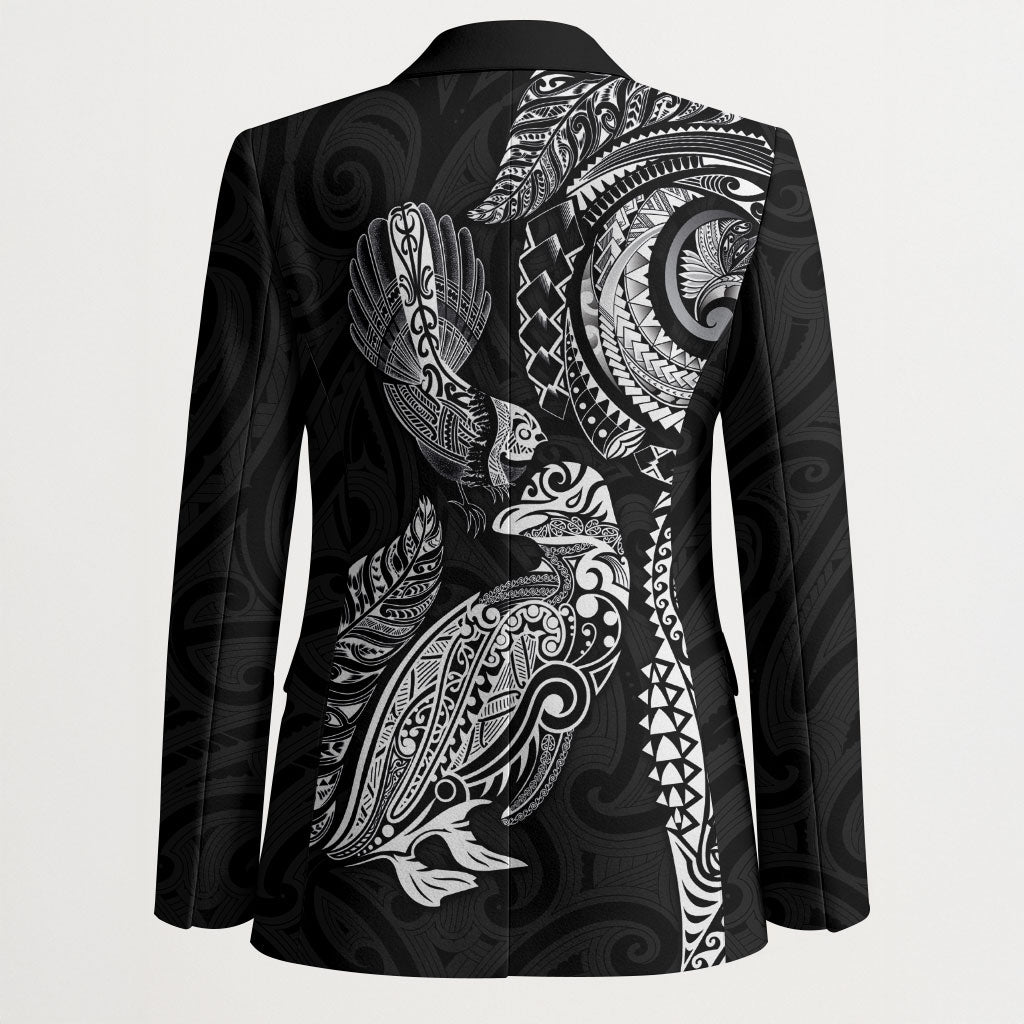 Aotearoa Moko Tribal Tattoo Blazer New Zealand Maori Penguin and Fantail Black Color