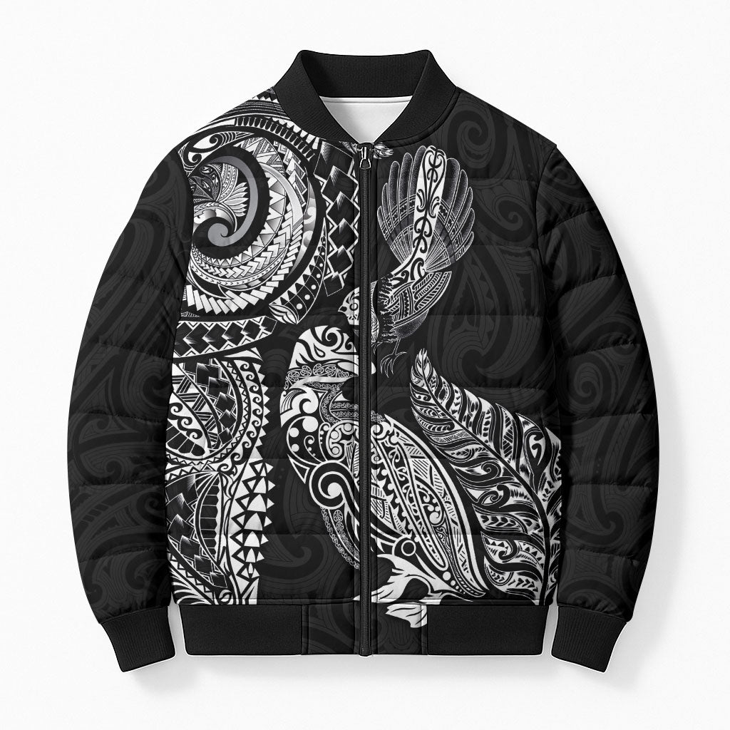 Aotearoa Moko Tribal Tattoo Bomber Puffer Jacket New Zealand Maori Penguin and Fantail Black Color