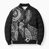Aotearoa Moko Tribal Tattoo Bomber Puffer Jacket New Zealand Maori Penguin and Fantail Black Color