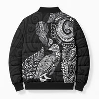 Aotearoa Moko Tribal Tattoo Bomber Puffer Jacket New Zealand Maori Penguin and Fantail Black Color