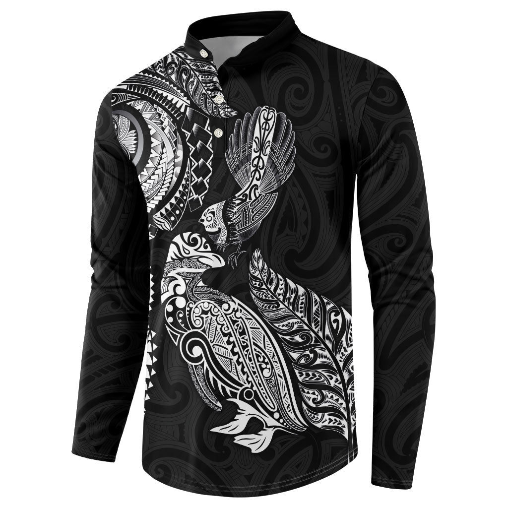 Aotearoa Moko Tribal Tattoo Button Sweatshirt New Zealand Maori Penguin and Fantail Black Color