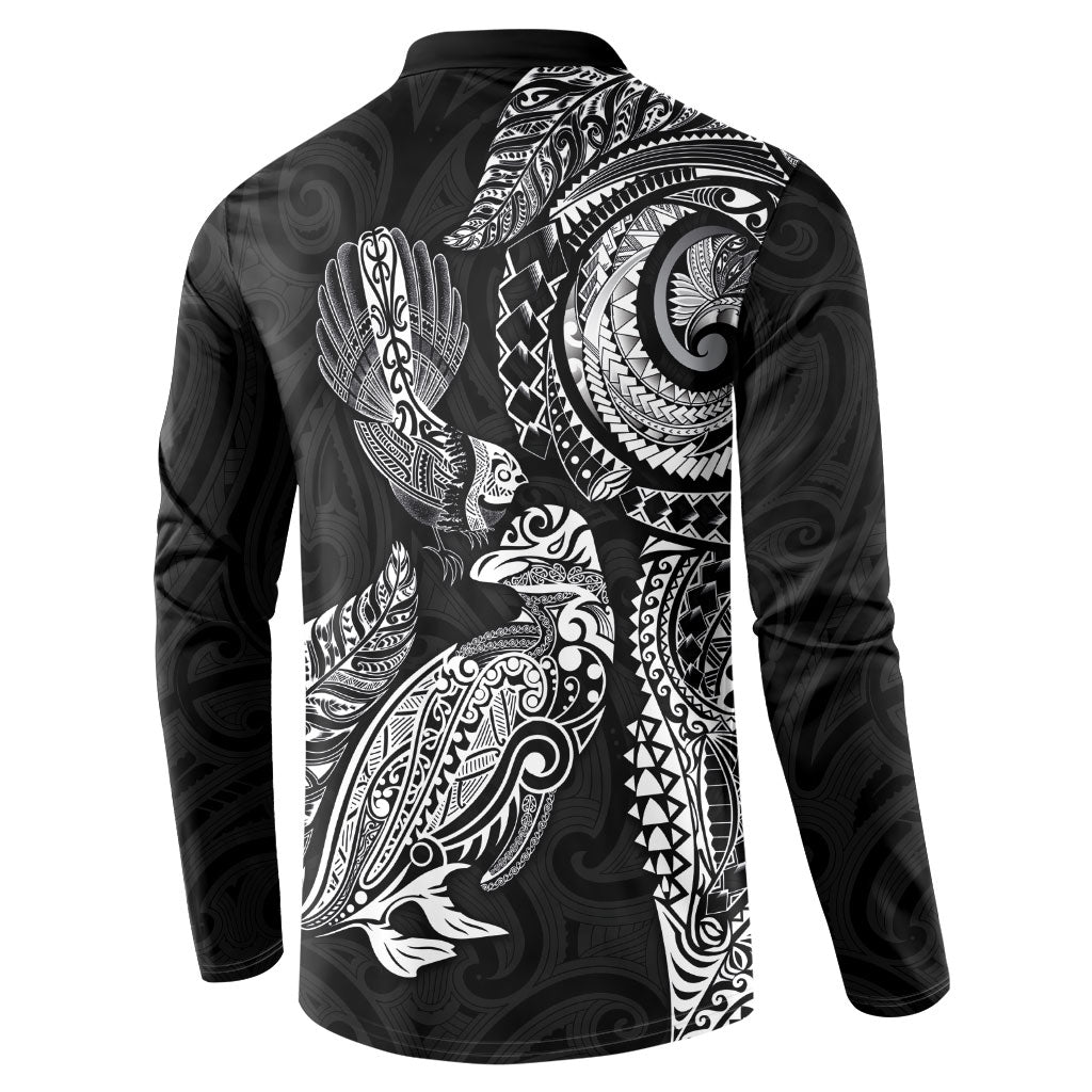 Aotearoa Moko Tribal Tattoo Button Sweatshirt New Zealand Maori Penguin and Fantail Black Color