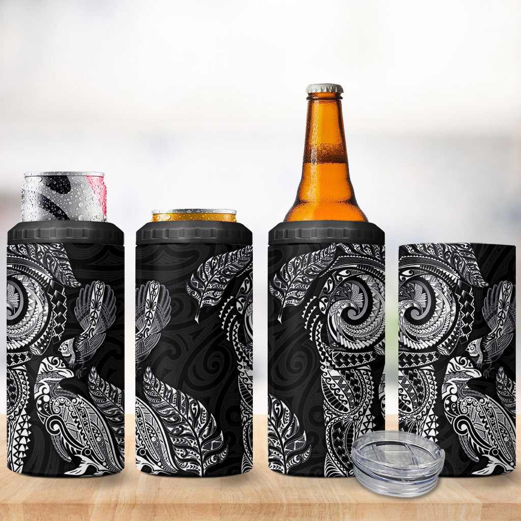 Aotearoa Moko Tribal Tattoo 4 in 1 Can Cooler Tumbler New Zealand Maori Penguin and Fantail Black Color LT03 - Polynesian Pride