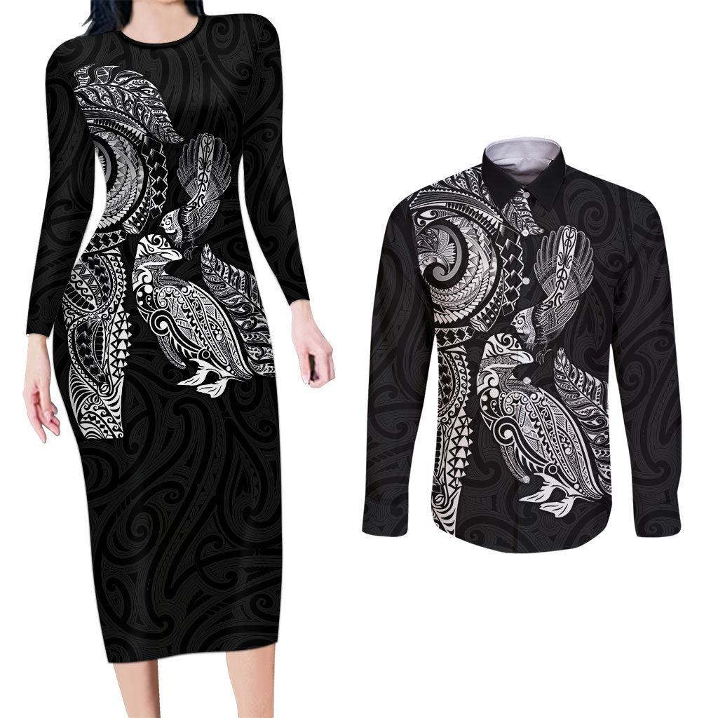 Aotearoa Moko Tribal Tattoo Couples Matching Long Sleeve Bodycon Dress and Long Sleeve Button Shirt New Zealand Maori Penguin and Fantail Black Color