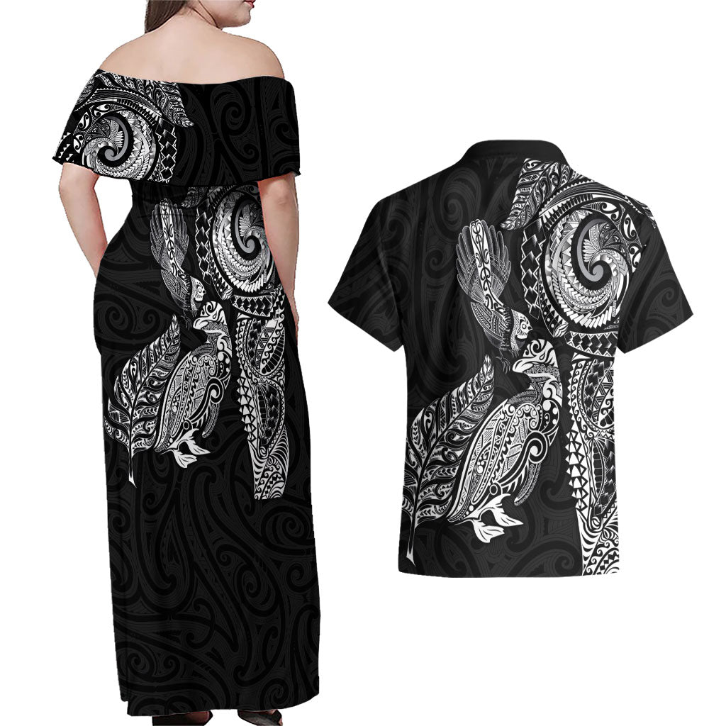 Aotearoa Moko Tribal Tattoo Couples Matching Off Shoulder Maxi Dress and Hawaiian Shirt New Zealand Maori Penguin and Fantail Black Color LT03 - Polynesian Pride