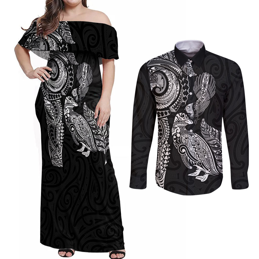 Aotearoa Moko Tribal Tattoo Couples Matching Off Shoulder Maxi Dress and Long Sleeve Button Shirt New Zealand Maori Penguin and Fantail Black Color LT03 Black - Polynesian Pride