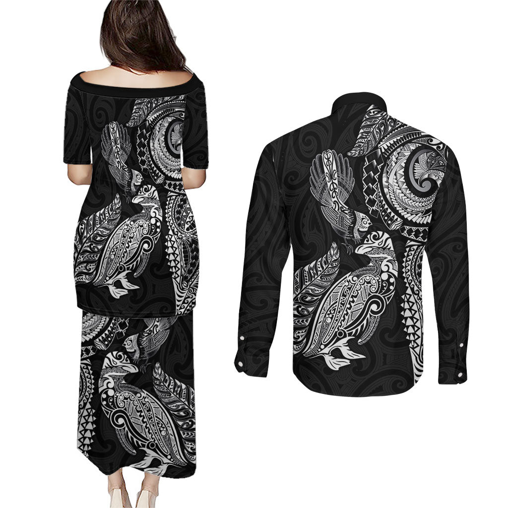 Aotearoa Moko Tribal Tattoo Couples Matching Puletasi and Long Sleeve Button Shirt New Zealand Maori Penguin and Fantail Black Color LT03 - Polynesian Pride
