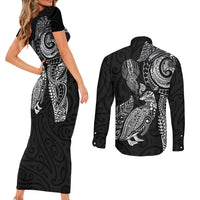 Aotearoa Moko Tribal Tattoo Couples Matching Short Sleeve Bodycon Dress and Long Sleeve Button Shirt New Zealand Maori Penguin and Fantail Black Color LT03 - Polynesian Pride